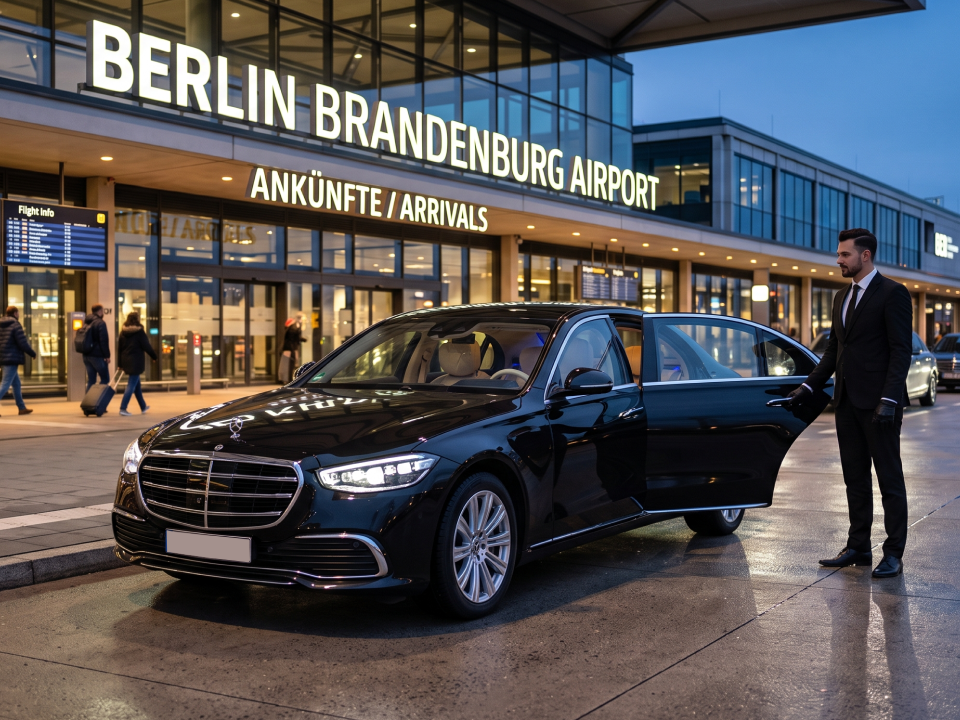 Professional chauffeur in tailored black suit beside luxury Mercedes