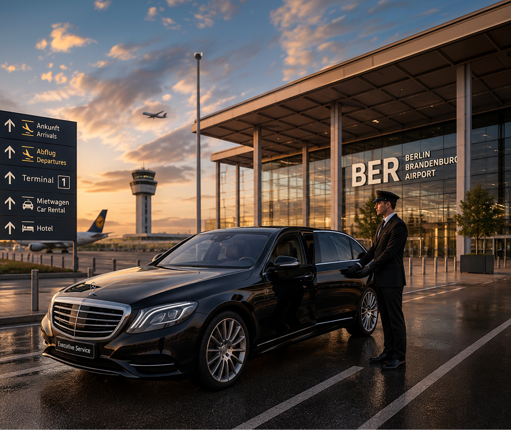 Professional chauffeur meeting passenger at Berlin Airport